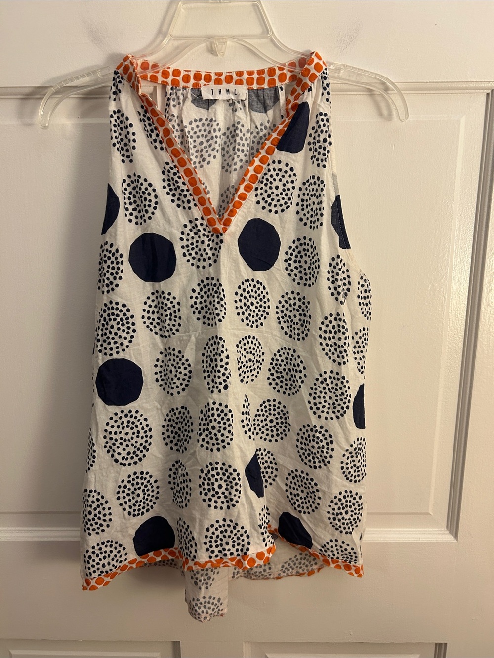 THML White Navy Polka Dot Halter Tank with Orange Trim